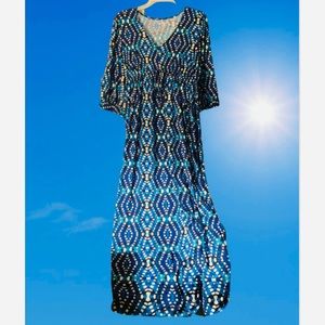 Vintage navy blue v neck maxi dress geometric L/XL